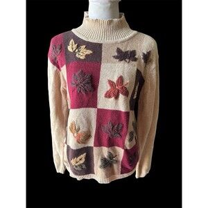Vtg 90s Cottagecore Fall Autumn Leaves Embroidered Cotton Sweater Granny Square